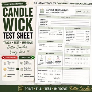 May include: A printable candle wick test sheet featuring a candle testing log with sections for test info, burn details, performance, wick condition, and final results. The document includes fields for date, candle ID, batch number, and burn rate.