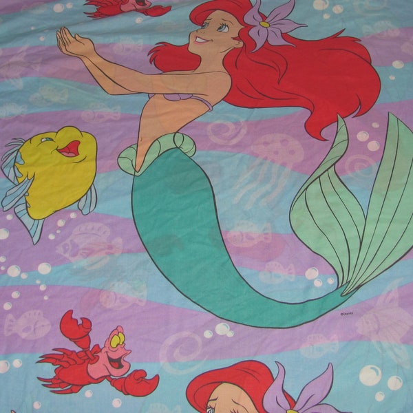 Vintage Disney The Little Mermaid Twin Flat Sheet/Material - Ariel, Flounder, Sebastien - Blue, Purple Stripes