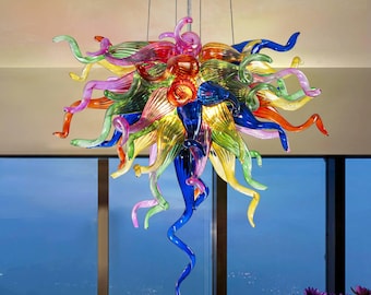Vibrant Multi-Colors Blown Glass Chandelier Rainbow Glass Chandelier, Hand Blown Modern Ceiling Light, Colorful Art Decor