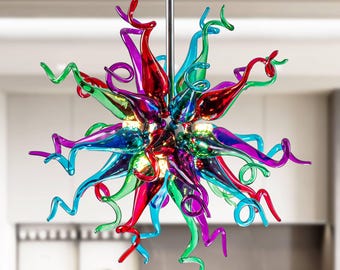 Modern Sputnik Hand-Blown Glass Chandelier - Vibrant Multi-Color Rainbow Murano Glass Chandelier, Hand Blown Art Glass Ceiling Light,