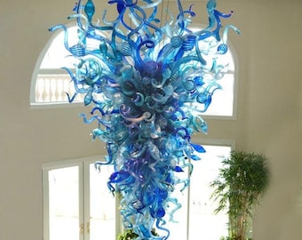 Artisan Blue Blown Glass Chandelier | Large Oceanic Sculptural Art Lighting,Blue Glass Chandelier, Ocean Style Art Lighting