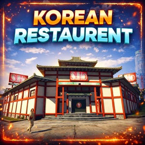 May include: An exterior shot of a Korean restaurant with the words "KOREAN RESTAURANT" in large, colorful letters. The building has a traditional Asian design with red and white accents. The restaurant's name, "S.H.O", is displayed on signs.