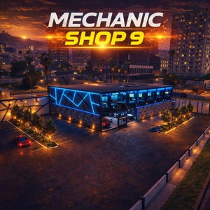 May include: A mechanic shop illuminated with blue neon lights, featuring the text "MECHANIC SHOP 9". The image shows a cityscape with a parking area and cars. The sky is a blend of orange and dark blue hues.