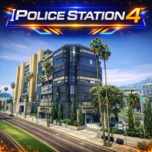 May include: A digital image of a modern police station building with the text "POLICE STATION 4" at the top. The building is a mix of glass and concrete, with palm trees in front. The sky is blue.