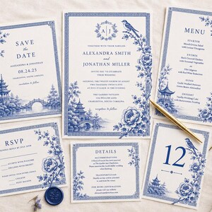 May include: A wedding stationery set featuring blue and white chinoiserie patterns with illustrations of pagodas, bridges, birds, and floral motifs. The set includes a save the date, invitation, menu, RSVP card, details card, and a table number card.
