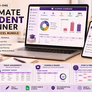 Op de afbeelding: Een digitaal studentenplanner-pakket weergegeven op een laptop- en tabletscherm, met een academisch dashboard, opdrachten-tracker, cijferlijst en weekplanner. De interface gebruikt paarse accenten en bevat tekst zoals Ultimate Student Planner.