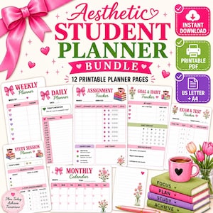 Aesthetic Student Planner Printable PDF | Study Planner for Middle High School & College Girls | Homework Assignment Tracker Back to School