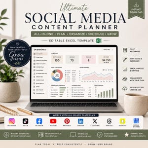 May include: An Ultimate Social Media Content Planner digital template displayed on a laptop screen. The dashboard shows analytics, post counts, and task lists. The interface includes icons for Instagram, TikTok, Facebook, YouTube, Pinterest, LinkedIn, X, Threads, Snapchat, and Google Business.