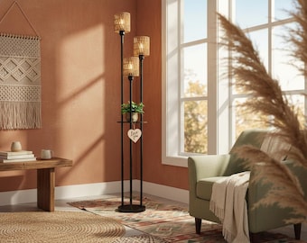 Boho Rattan Floor Lamp With Shelves, Gold Standing Lamp, 3 Light Farmhouse Floor Lamp, Tall Bedroom Living Room Lamp (Bulbs  not included)