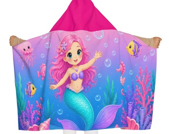 Pink Mermaid Scene Youth Hooded Towel | Girls Beach Pool Towel