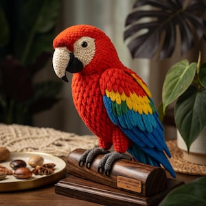 May include: A handcrafted, red, blue, yellow, and green crochet parrot sculpture perched on a wooden base. The parrot has a white beak and eye, and is mounted on a dark wood perch. The base has a small plaque with text. The sculpture is a decorative item.