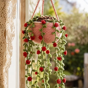 Crochet Hanging Rose Basket Pattern PDF | Amigurumi Plant Home Decor DIY