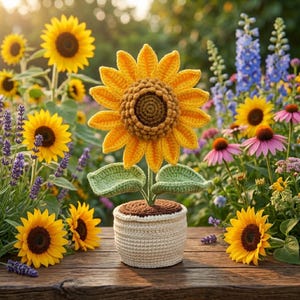 May include: A crocheted sunflower in a cream-coloured pot, featuring a textured brown centre, bright yellow petals, and two green leaves on a stem. The plant is displayed on a wooden surface, surrounded by a garden of sunflowers and purple flowers.