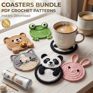 May include: A collection of handmade crochet coasters in various animal shapes, including a bear, frog, cat, panda, and bunny. A cup of coffee sits on a black and white coaster. The image also shows a rolled-up pattern and crochet hook.