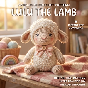 May include: A crocheted lamb doll named "Lulu" with a fluffy white head and body, pink ears, and a pink bow tie. The doll is sitting on a pink and white checkered blanket. The image includes text that says "Amigurumi Crochet Pattern" and "Instant PDF Download".