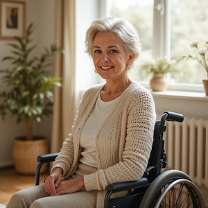 May include: A person with short blonde hair wearing a beige knit cardigan over a white shirt, seated in a black wheelchair. The individual has a neutral expression and is positioned in a bright room with natural light coming from a window.