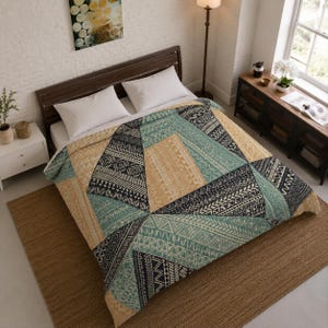 Geometric Patchwork Comforter | Boho Tribal Bedding | Teal Navy Beige Quilt | Modern Southwestern Bedroom Decor