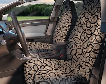 Botanical Leaf Car Seat Covers | Neutral Nature Seat Protectors | Beige Black Auto Seat Covers | Rustic Car Interior Decor