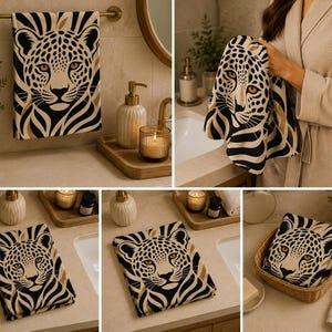Leopard Face Hand Towel, Neutral Safari Bathroom Decor, Animal Print Guest Towel, Modern Jungle Bath Linen