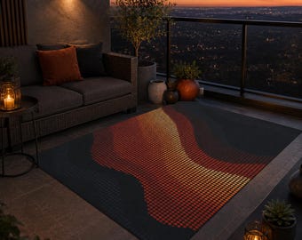 Tapete externo retrô com estampa de ondas e pixels, tapete abstrato com chamas para pátio, tapete moderno para áreas externas, tapete boho escuro para varanda, decoração para entrada com tema de pôr do sol.