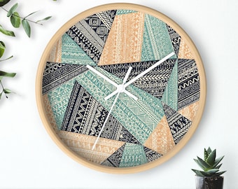 Boho Tribal Wall Clock | Geometric Aztec Pattern Clock, Teal Peach Mosaic Wall Decor, Southwestern Modern Home Clock