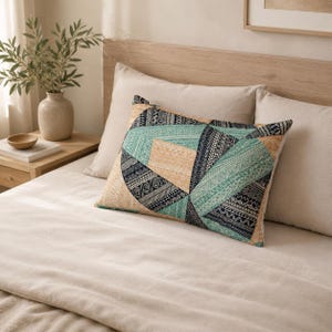 Geometric Tribal Pillow Sham | Teal Beige Cotton Pillow Cover | Boho Patchwork Bedding | Southwestern Decorative Sham
