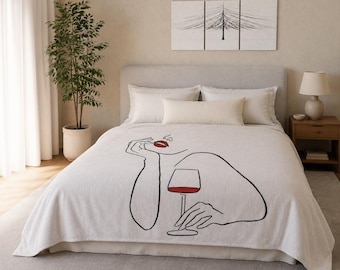 Minimale lijnkunst sherpadeken voor dames | Fleecetrui voor wijnliefhebbers, moderne abstracte deken, rode lippen, gezellig interieurcadeau