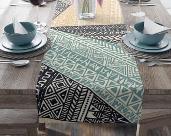 Boho tribal tafelloper | Geometrische Azteekse tafelloper, groenblauwbeige zuidwesten tafeldecor, boerderij eettafellinnen