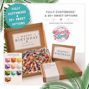 May include: A brown cardboard gift box filled with colourful assorted gummy sweets, featuring a Happy Birthday label. Includes a matching greeting card, a belly band with the text Happy Birthday Marvel, and a tissue paper colour chart.