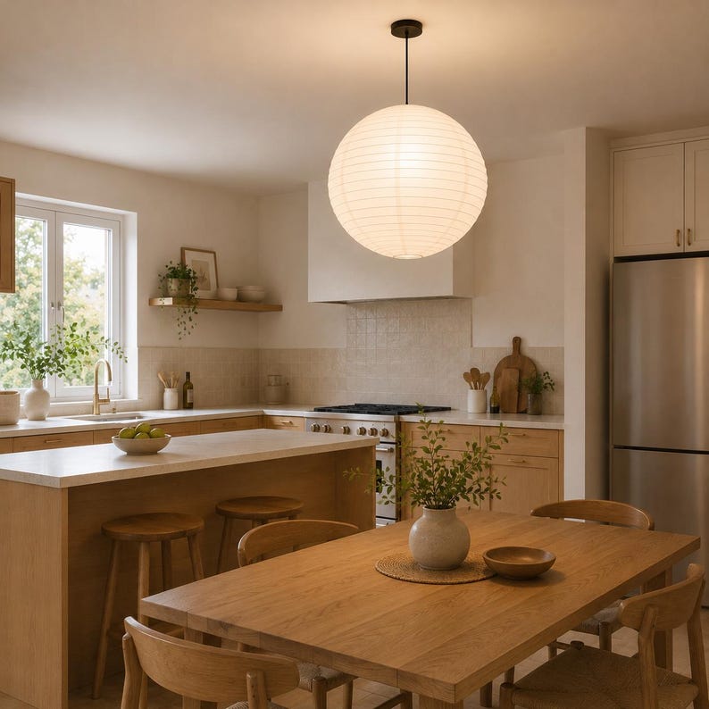 May include: A well-lit kitchen with light wood cabinetry, a white countertop, and a stainless steel refrigerator. A large, round paper lantern hangs above a wooden dining table with chairs. A vase of greenery sits on the table.