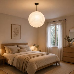 May include: A bedroom scene featuring a large, round paper lantern hanging from the ceiling. The room has a neutral color palette with a wooden bed frame, beige bedding, and a framed botanical print. A window with sheer curtains is visible.