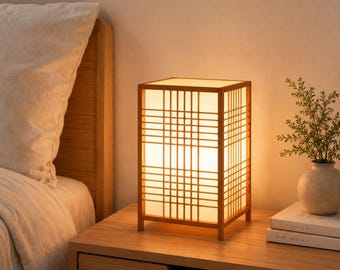 Japanese Table Lamp | Shoji Style Bedside Lamp, Japandi Nightstand Light, Wooden Minimalist Lamp, Cozy Ambient Lighting
