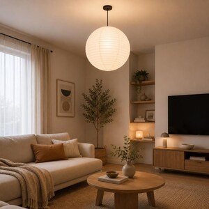 May include: A modern living room with a large, round paper lantern hanging from the ceiling. The room features a beige sofa, wooden coffee table, and a TV on a wooden console. Decorative pillows and a throw blanket add warmth.