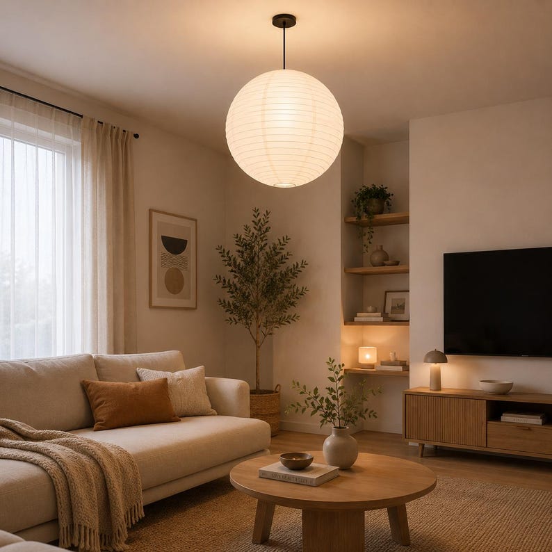 May include: A modern living room with a large, round paper lantern hanging from the ceiling. The room features a beige sofa, wooden coffee table, and a TV on a wooden console. Decorative pillows and a throw blanket add warmth.