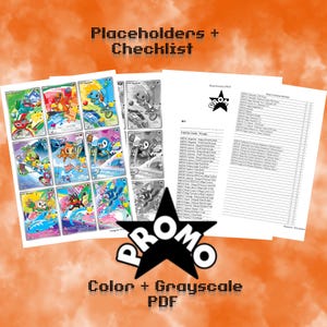Puede incluir: Una colección de coloridas cartas coleccionables con varios personajes de dibujos animados, junto con versiones en escala de grises y una lista de verificación. La palabra "PROMO" se muestra en una estrella negra. El texto en la parte superior dice "Placeholders + Checklist" y en la parte inferior "Color + Grayscale PDF".