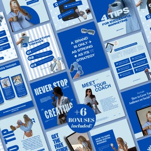 May include: A collection of blue and white social media marketing templates featuring various layouts, text overlays, and imagery. The designs include educational content, tips, and promotional graphics for business growth and digital strategy.