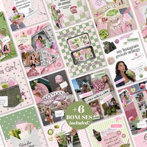 May include: A digital collage collection featuring various social media templates with a pink and green color palette. The designs include text overlays, photographs of beverages, lifestyle imagery, and decorative elements like stars, hearts, and paper tape.