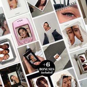 May include: A digital collection of social media templates featuring various frames, including a pink Nokia phone, a silver picture frame, and a metal tray, all displaying portraits of individuals and beauty-related imagery with the text +6 BONUSES INCLUDED.