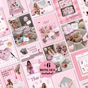 Puede incluir: Una colección digital de plantillas para redes sociales con temática rosa que incluye diversas imágenes de estilo de vida, como un carrito de compras, un calendario, herramientas de planificación de contenido y tazas, con estrellas, corazones y texto.