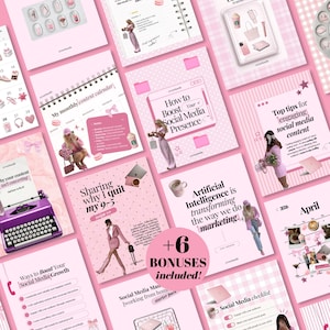 May include: A collection of digital social media templates featuring a pink color palette, including calendars, checklists, and informational graphics with text such as How to Boost Your Social Media Presence and Artificial Intelligence is transforming.