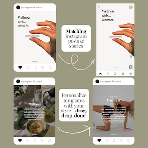 May include: A digital display of four Instagram post and story templates featuring wellness-themed graphics. The layouts include text such as Wellness girls... zoom in, Your daily Wellness ritual, and various placeholders for images of food, fitness, and lifestyle.