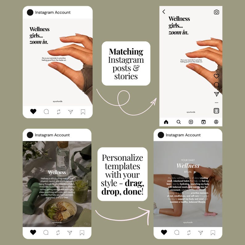 May include: A digital display of four Instagram post and story templates featuring wellness-themed graphics. The layouts include text such as Wellness girls... zoom in, Your daily Wellness ritual, and various placeholders for images of food, fitness, and lifestyle.