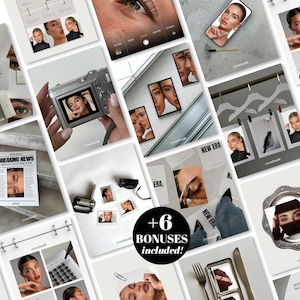 May include: A digital marketing bundle for social media featuring a collection of square images displaying beauty photography, camera interfaces, printed news layouts, and product mockups with a central black circular badge stating +6 BONUSES included.