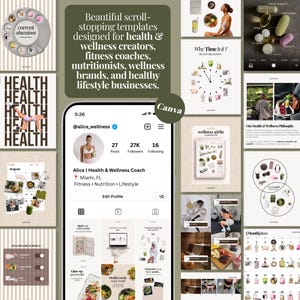 May include: A digital collection of social media templates for health and wellness brands, featuring a central smartphone display of an Instagram profile, surrounded by various graphic layouts, calendars, and lifestyle imagery in neutral tones.
