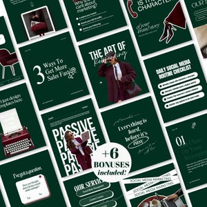 Peut inclure: Une collection de modèles de marketing pour réseaux sociaux vert foncé avec du texte blanc, incluant des phrases comme The Art of Rebranding, Passive Income et Daily Social Media Routine Checklist, avec des images de machine à écrire et de costume.