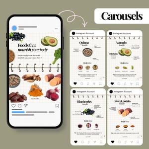 May include: A digital display showing a smartphone screen and four social media carousel slides on a grid background. The content features illustrations of healthy foods like blueberries, avocado, quinoa, sweet potato, and turmeric with text.