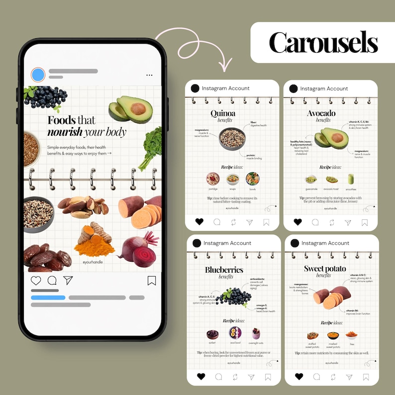 May include: A digital display showing a smartphone screen and four social media carousel slides on a grid background. The content features illustrations of healthy foods like blueberries, avocado, quinoa, sweet potato, and turmeric with text.