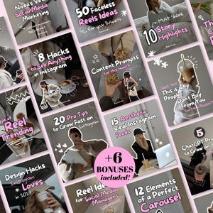 May include: A digital collection of social media marketing templates featuring various text overlays including 50 Faceless Reels Ideas, 8 Hacks to Sell Anything, 10 Story Highlights, and 15 Aesthetic Viral Instagram Feeds with a central bonus badge.