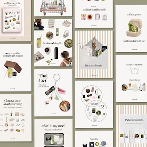 May include: A collection of digital graphic cards featuring wellness-themed lifestyle imagery, including illustrations of yoga mats, healthy food, fitness trackers, and journals, with various text overlays such as Wellness Girlie Edition.