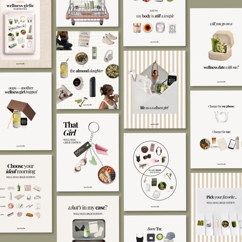 May include: A collection of digital graphic cards featuring wellness-themed lifestyle imagery, including illustrations of yoga mats, healthy food, fitness trackers, and journals, with various text overlays such as Wellness Girlie Edition.